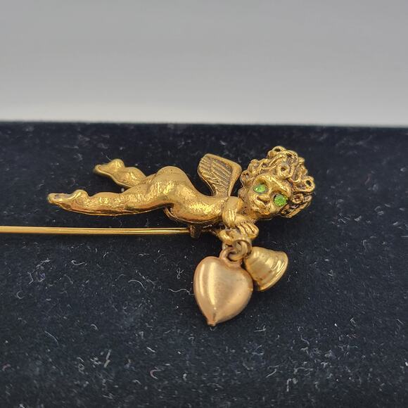 Vintage Cherub Coat Pins Lot of 3 Angel Cupid and FloralGold Tone Rhinestones - Picture 9 of 16